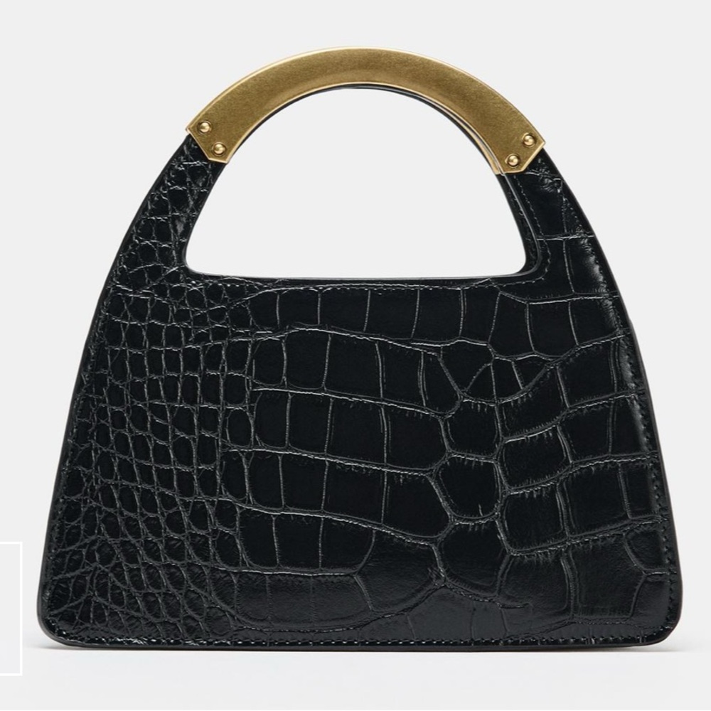 Zara Black Croc City Bag with Metal Handle
